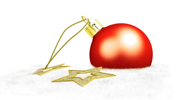 Один красный рождественский бал и две желтые звезды положить на хлопок — стоковое фото