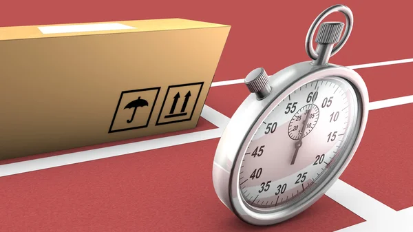 Box and stopwatch racing. This symbolizes on time delivery — Stock Photo, Image