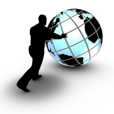 A businessman manages a world wide project by rolling the globe clipart