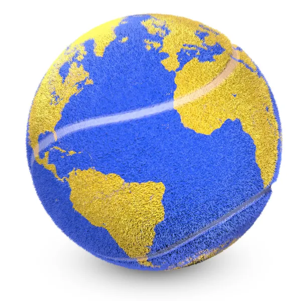 Konzept des Tennisballs mit einer gedruckten Welt — Stockfoto