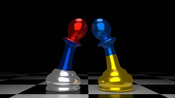 Two Pawns Color Ukrainian Russian Flags Chessboard Symbolizing War Rendering Royalty Free Stock Images