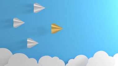Paper airplanes flying above clouds. The leader is in front. 3D Rendering.