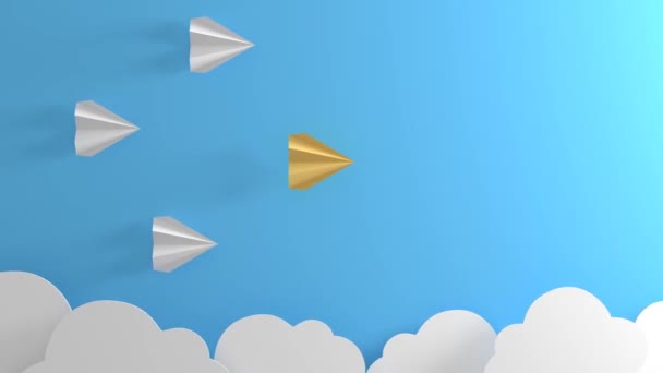 Paper Airplanes Flying Clouds Leader Front Rendering — Vídeo de Stock