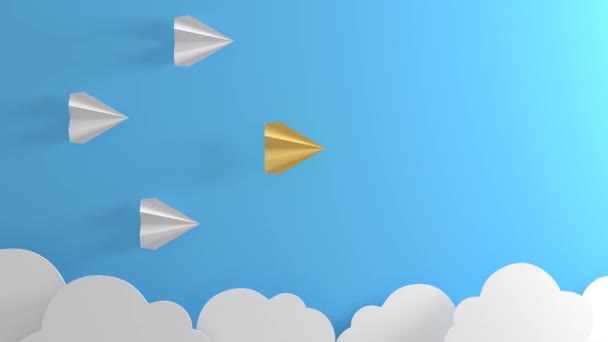 Paper Airplanes Flying Clouds Leader Front Rendering — Vídeo de stock