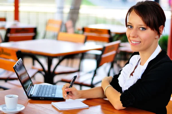 Businesswoman with a cute smile with laptop and notepad Stock Image