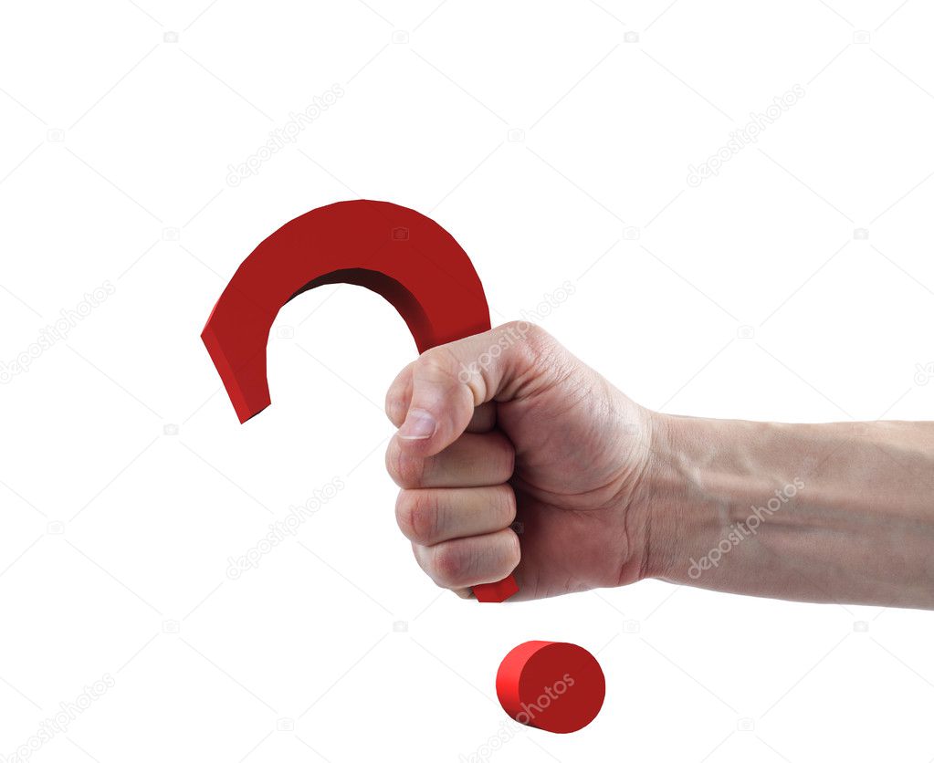 Male hand holding up a question mark