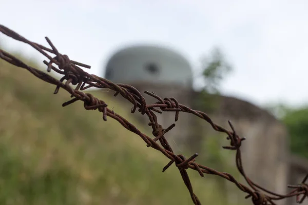 Dettaglio Filo Spinato Arrugginito Sullo Sfondo Bunker Cemento Armato — Foto Stock