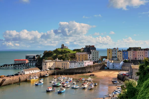 Blick auf den Hafen von Tenby, mit Burgberg. — Stockfoto