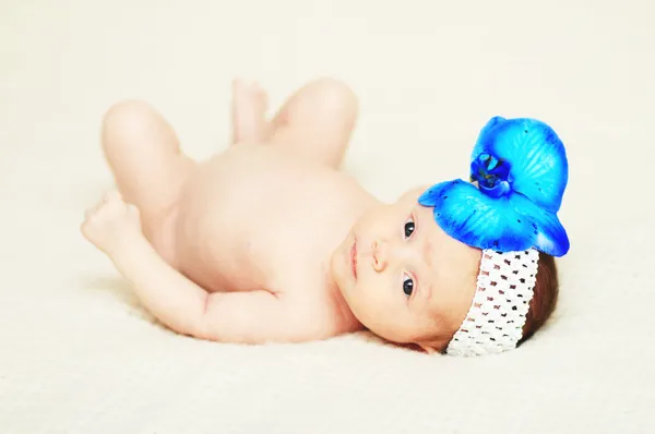 Menina recém-nascida com flor azul — Fotografia de Stock