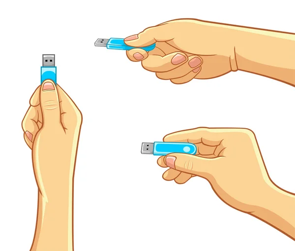 计算机-手拿着一个 usb 闪存驱动器 — 图库矢量图片