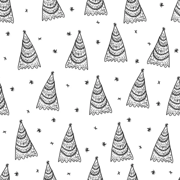 Seamless Monochrome Hand Draw Christmas Pattern Background Cute Pine Tree — Stock Vector