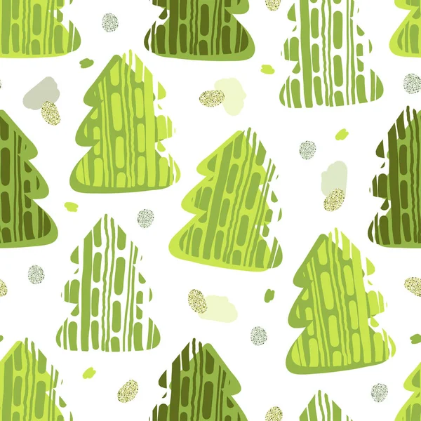 Kusursuz Noel Etkinliği Arkaplanı Elle Çizilmiş Yeşil Çam Ağacı Simli — Stok Vektör