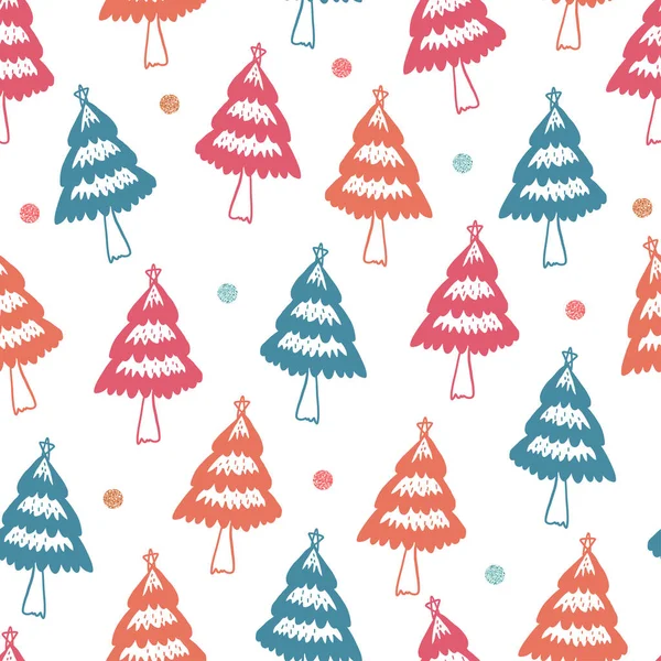 Fondo Patrón Navidad Sin Costuras Con Mano Dibujar Pino Multicolor — Vector de stock