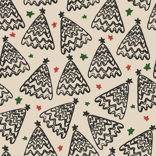 Nahtlose Doodle Weihnachtsmuster Hintergrund Mit Kiefer Und Kleinen Stern — Stockvektor