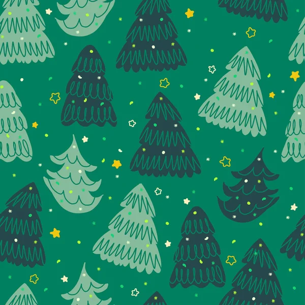 Yeşil Arka Planda Kusursuz Noel Şenliği Deseni Şirin Çizimleri Katmanlar — Stok Vektör