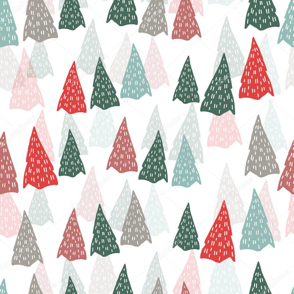 seamless christmas festive pattern background with forest multicolour pine tree