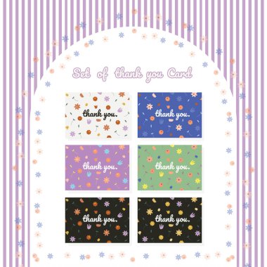 set of cute thank you card , card with doodle hand draw flower and word