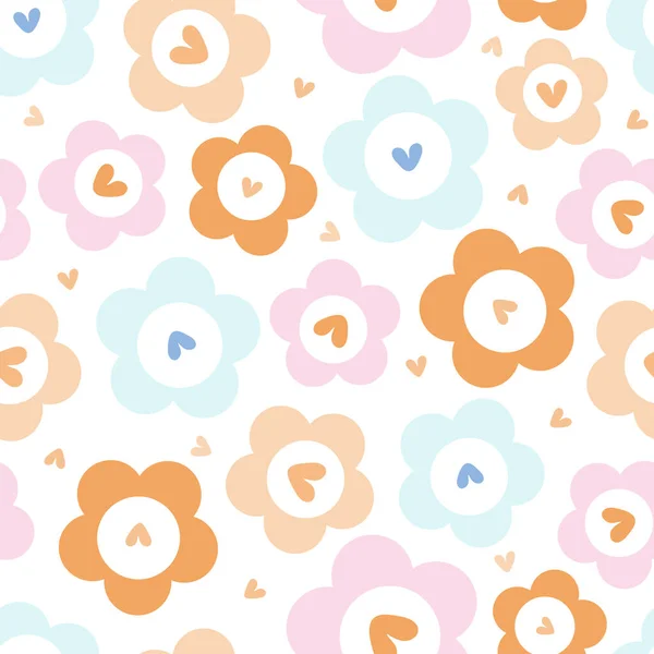 Seamless Kids Pattern Background Pastel Cute Hand Draw Flower Hearts — Stok Vektör