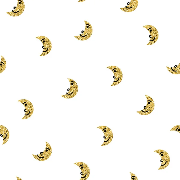 Seamless Golden Glitter Moon Smile Face Pattern Background Wink Vector — Image vectorielle