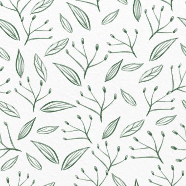 Kağıt arkaplanda kusursuz yeşil yapraklar çizer, klasik tebrik kartı.