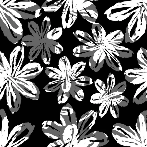 Seamless Monochrome Abstract Hand Drawn Flowers Background Greeting Card Fabric — Wektor stockowy