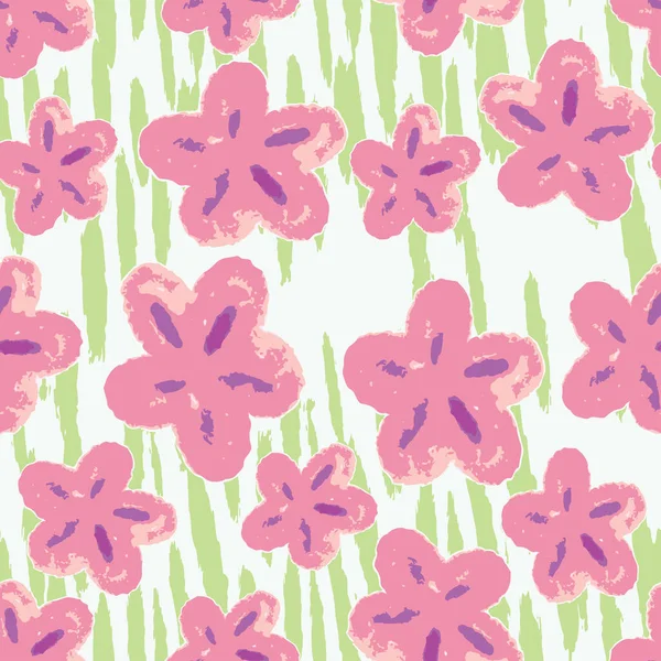 Seamless Hand Drawn Flowers Green Grass Pattern Background Greeting Card — 스톡 벡터