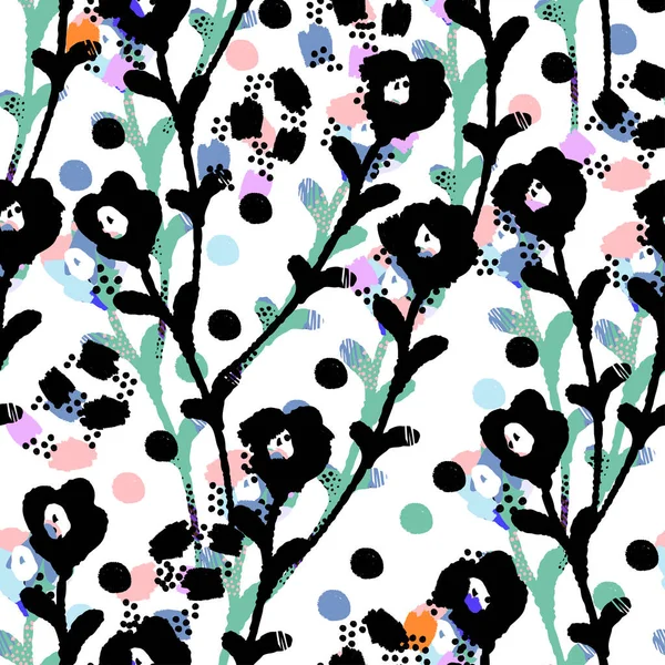seamless black and colouful shadow flowers pattern  background , greeting card or fabric