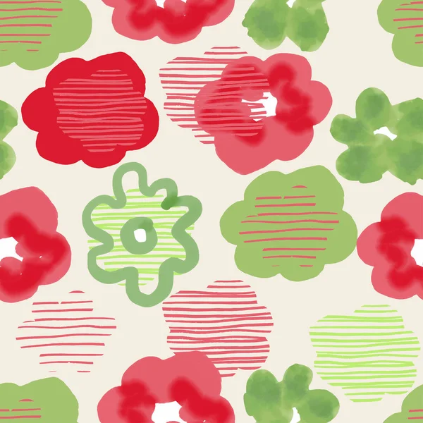 Seamless Green Red Flowers Pattern Background Greeting Card Fabric — Stock Vector