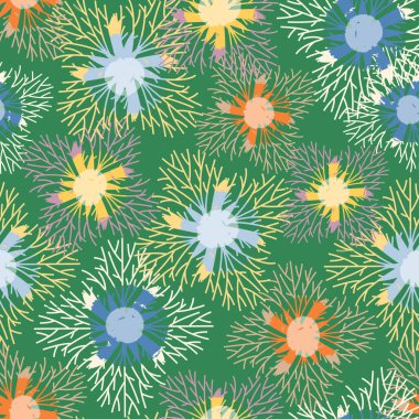 Yeşil desenli arka plan, tebrik kartı veya kumaş üzerine kusursuz karalama el çizimi