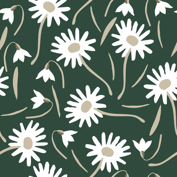 Motif Fleurs Blanches Dessinées Main Sans Couture Sur Fond Vert — Image vectorielle