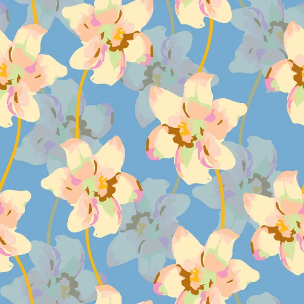 Nahtlose Pastellblütenmuster Auf Blauem Hintergrund Grußkarte Oder Stoff — Stockvektor
