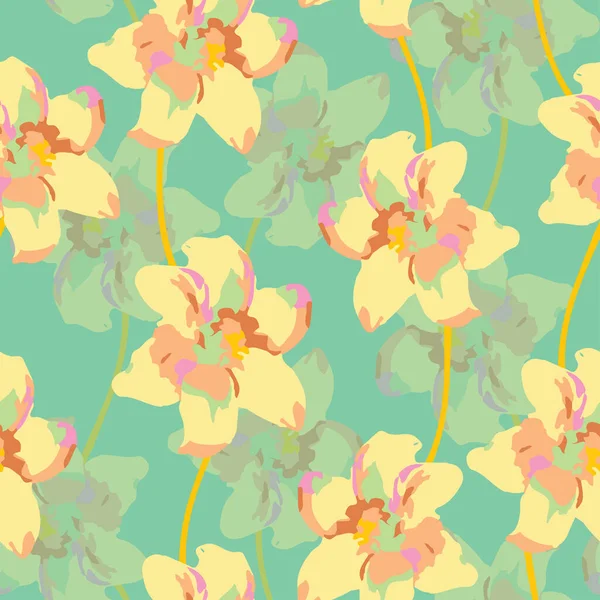 Seamless Pastel Flowers Pattern Green Background Greeting Card Fabric — Stockový vektor