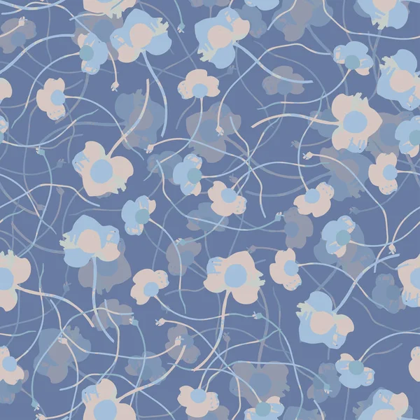 Seamless Cute Pattern Background Blue Hand Drawn Flowers Greeting Card — Stockvektor