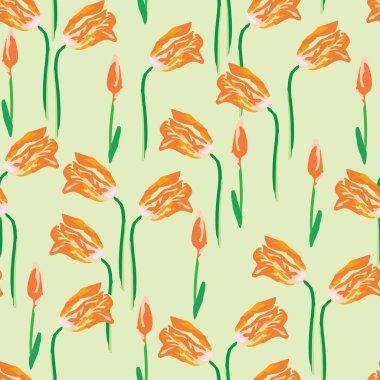 seamless plants pattern background with orange tulip flowers , greeting card or fabric