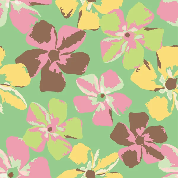 Seamless Plants Pattern Green Background Pastel Flowers Greeting Card Fabric — Stockvektor