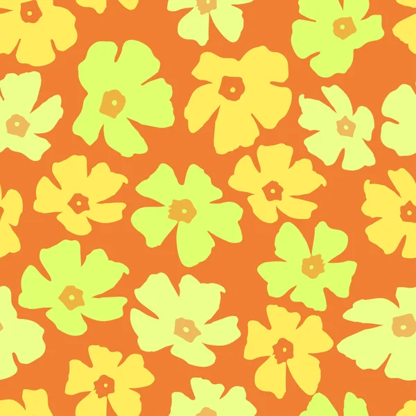 Nahtloses Pflanzenmuster Auf Orangefarbenem Hintergrund Mit Gemischten Niedlichen Blumen Grußkarte — Stockvektor