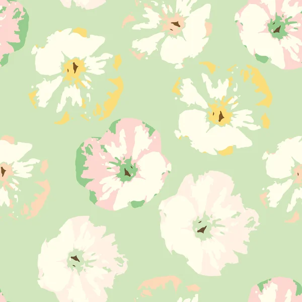Seamless Plants Pattern Green Background Mixed Pastel Flowers Greeting Card — Stockvektor