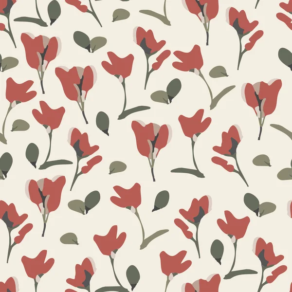 Seamless Cute Red Flowers Leaves Pattern Background Greeting Card Fabric — Stockvektor