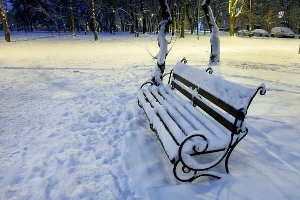 Esti Kékes Fény Kivilágít Egy Üres Padot Városi Parkban Hóval — Stock Fotó