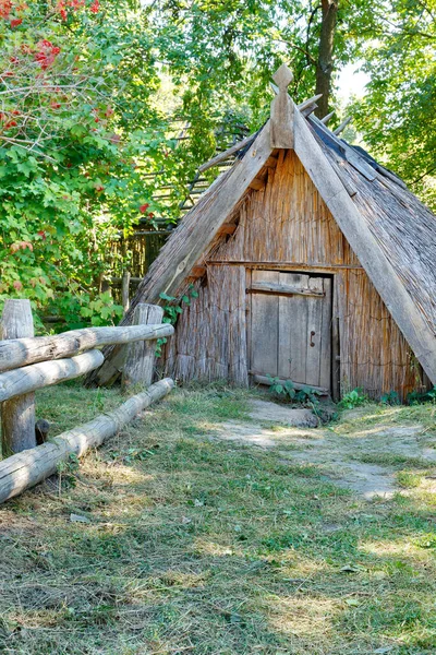 Old Basement Weathered Timber Frame Doors Reed Walls Thatched Roof — Stock Photo, Image