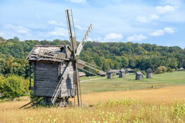 An ancient wooden windmill made of weathered wood stands on the slope of a rural field overlooking a green meadow and dense forest.
