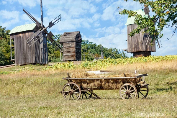 Rural Vintage Landscape Foreground Wooden Cart Hay Background Rural Field — Foto Stock