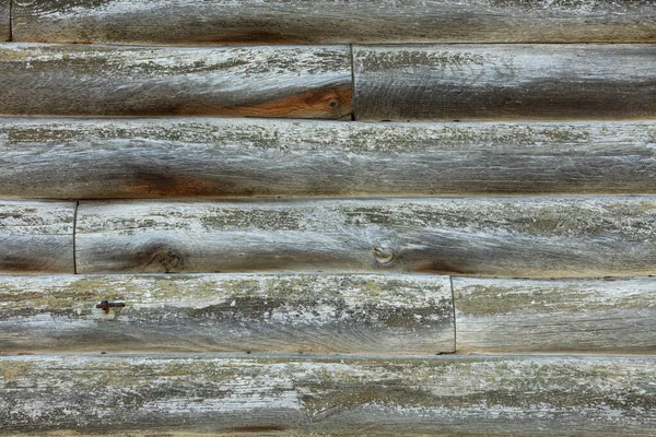 Texture Wall Made Weathered Old Gray Logs Overgrown Moss Cracks — Fotografia de Stock