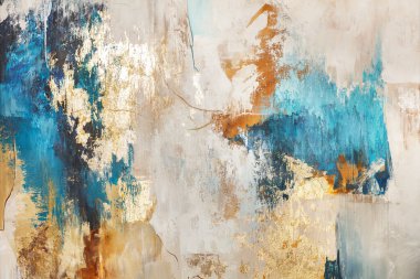 Gri, bej ve mavi tonlarda soyut desenler altın beneklerle karışıyor..