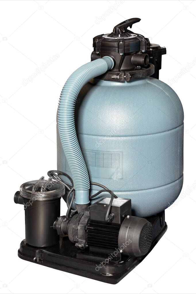 Side sand filter for swimming pools to improve water clarity. The image is isolated on a white background.