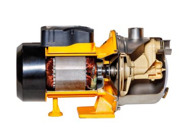 Anchor, stator, injector and impeller of a high-pressure pump for liquids in section. Close-up. Isolated on white background.