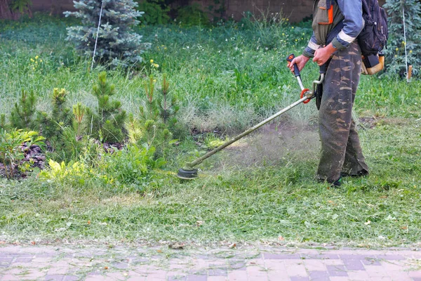 Operaio Falcia Prato Verde Ricoperto Vegetazione Parco Cittadino Vicino Marciapiede — Foto Stock