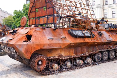 Destroyed enemy rusty russian radio explosives Mercury BM is on display in the town square after the insidious attack on Ukraine in February 2022.