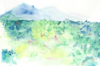 abstract grass field with moutain water colour painted backgroun