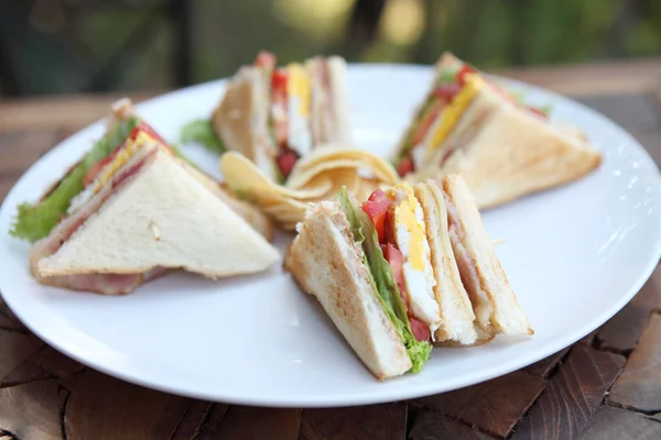 Club sandwich met op hout achtergrond — Stockfoto